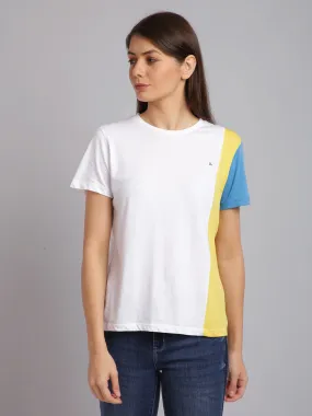 Women White & Yellow Cotton Round Neck T-shirt