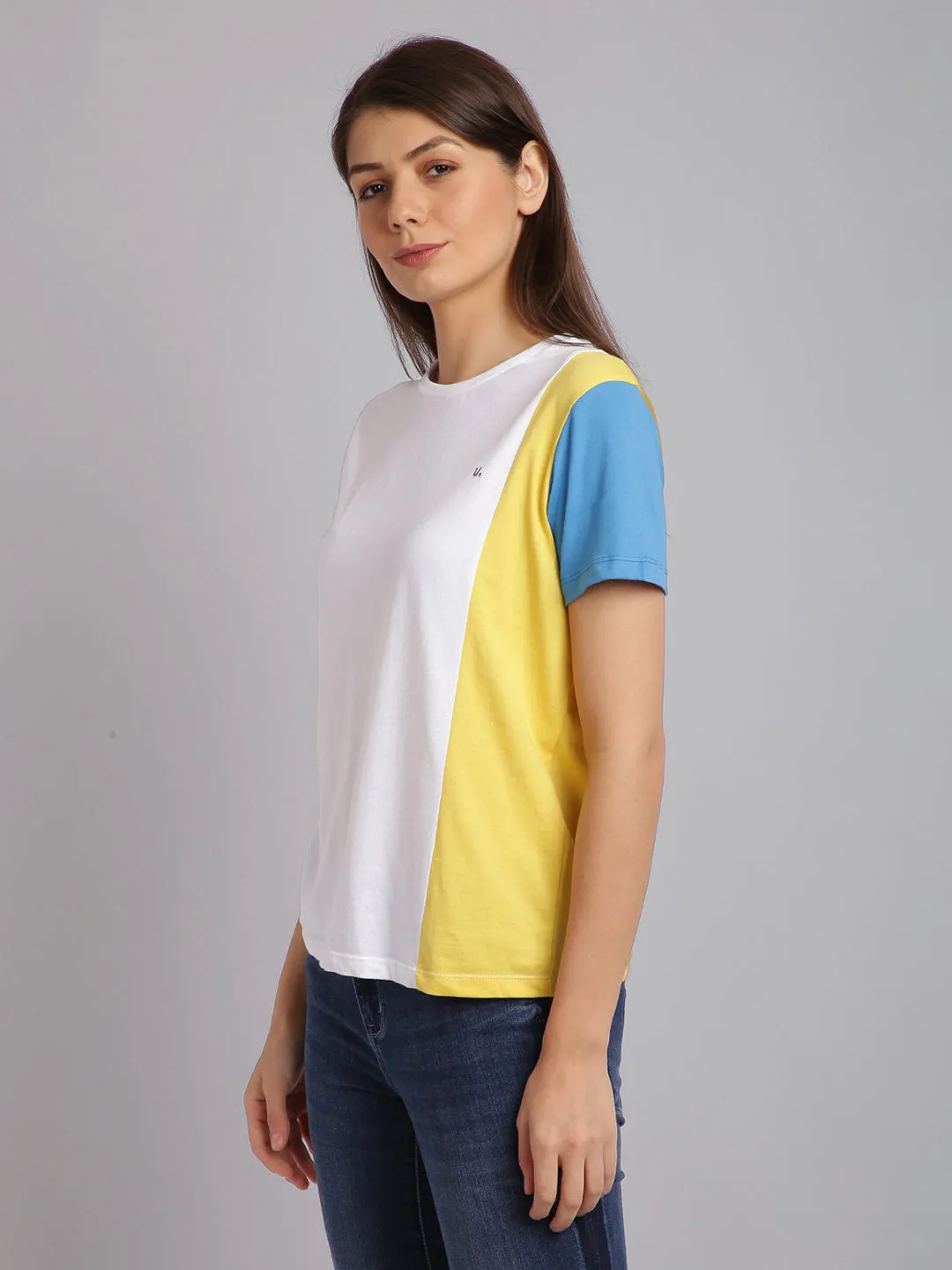 Women White & Yellow Cotton Round Neck T-shirt