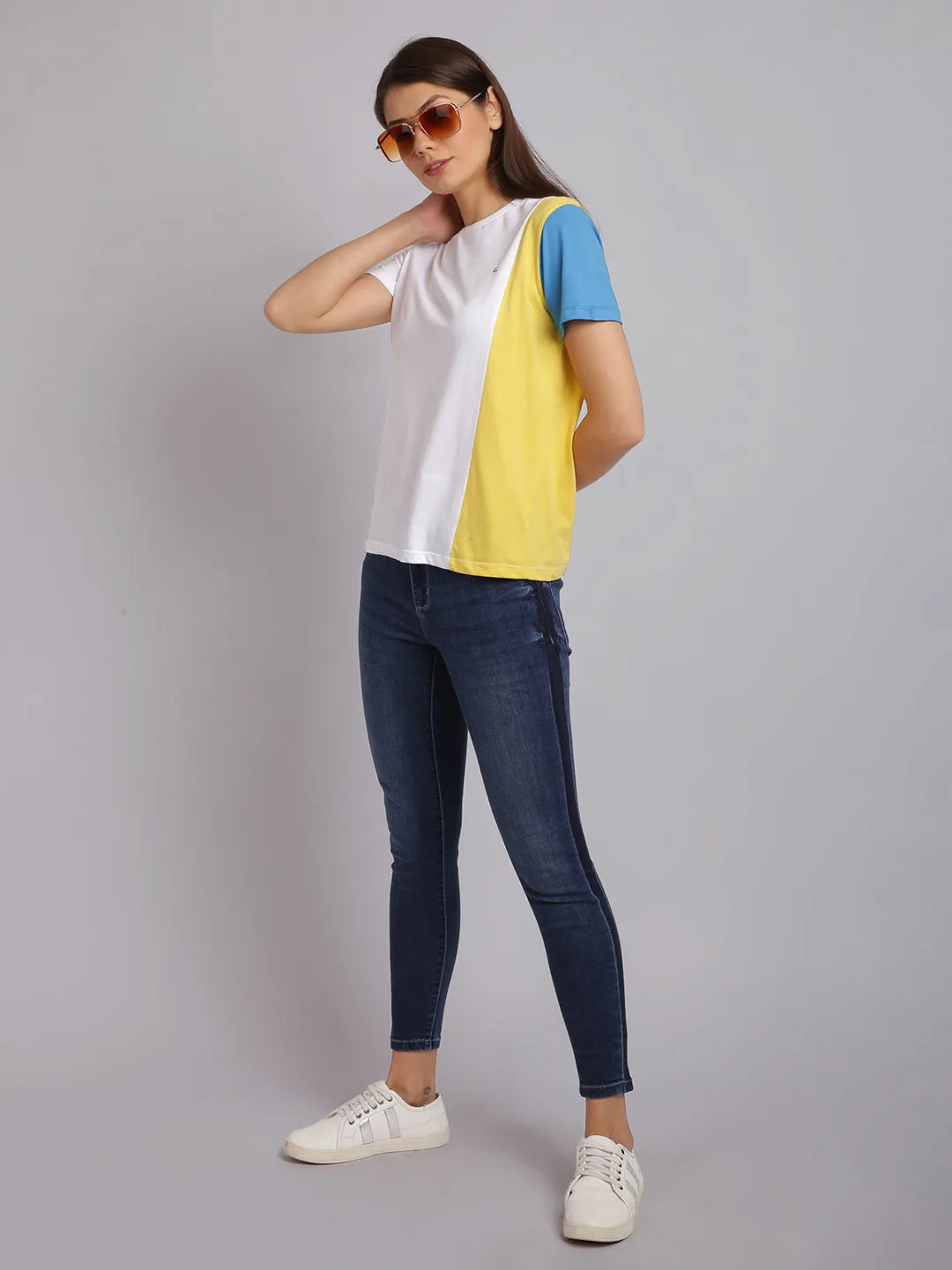 Women White & Yellow Cotton Round Neck T-shirt