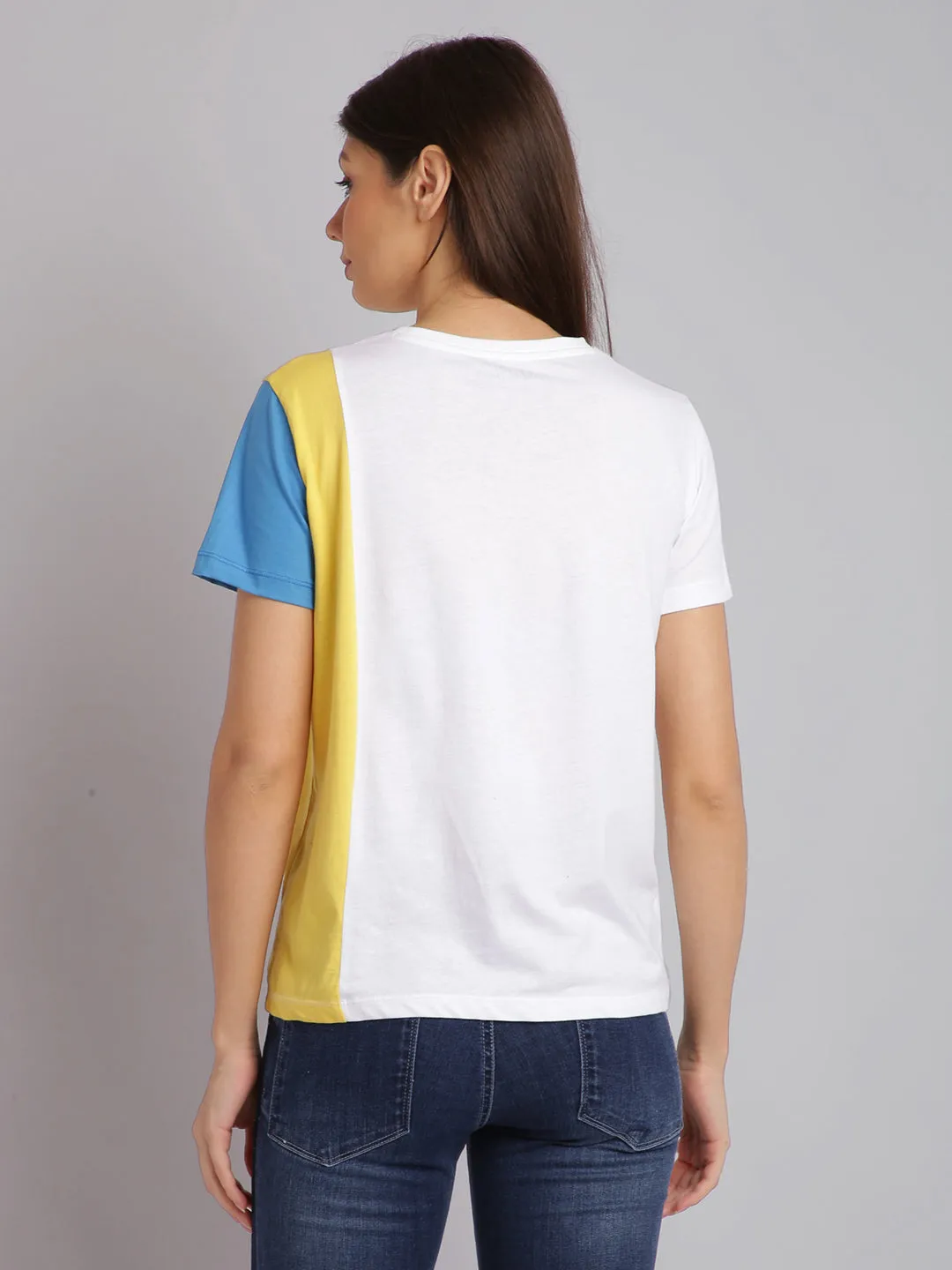 Women White & Yellow Cotton Round Neck T-shirt