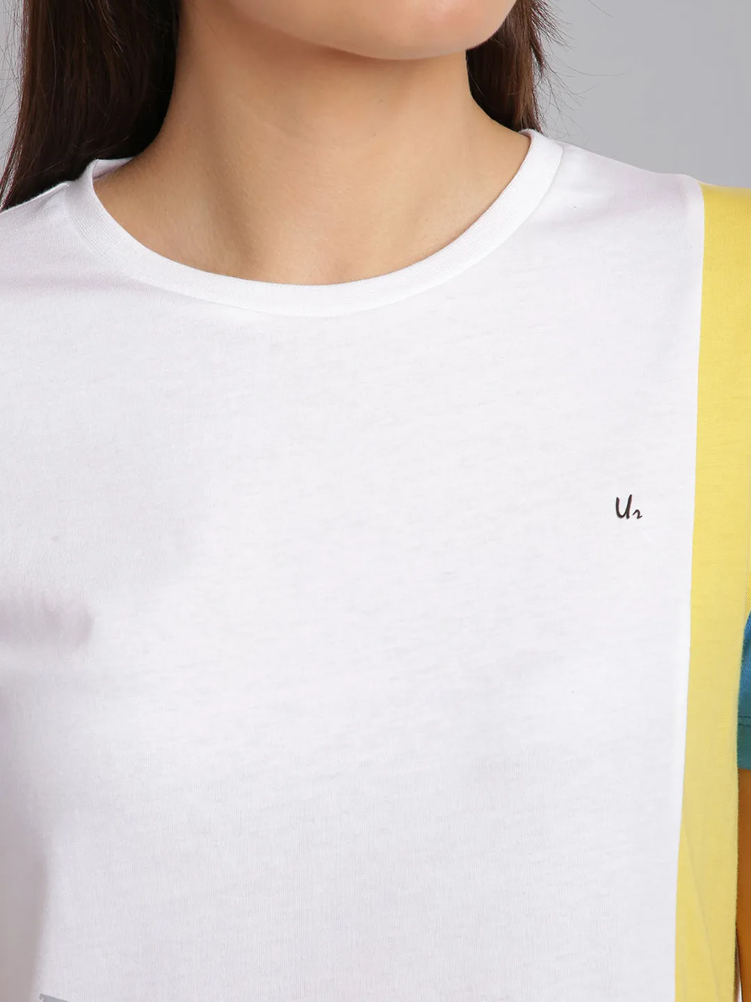 Women White & Yellow Cotton Round Neck T-shirt